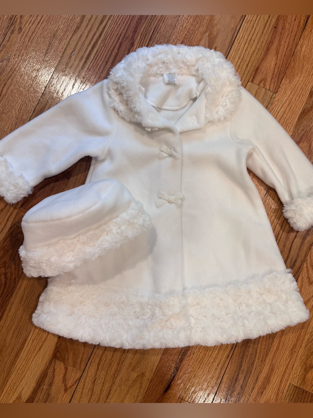 White Faux Fur Coat with Detailed Trim and Matching Hat